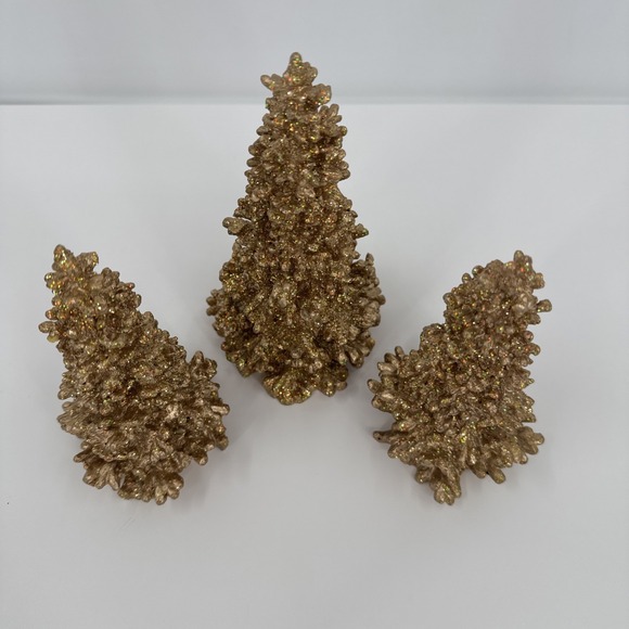 Department 56 Gold Glitter Christmas Trees Set Of 3 Holiday Display Sparkling - Picture 2 of 5